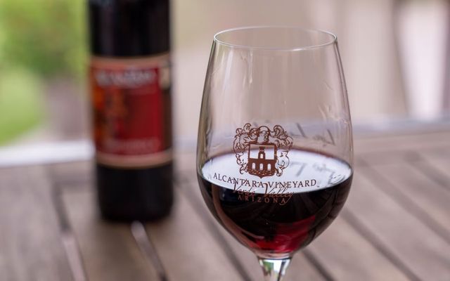 A glass of red wine at Alcantara Vineyard