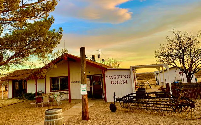 A winery tasting room at sunset