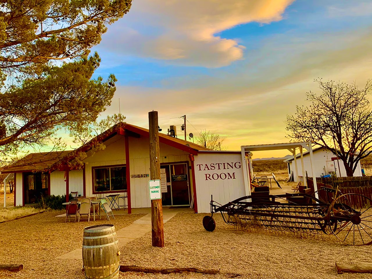 A winery tasting room at sunset